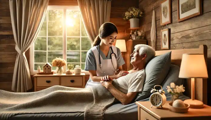Palliativpflege zu Hause: Eine Krankenschwester kümmert sich sorgsam um einen älteren Patienten in seiner vertrauten Umgebung