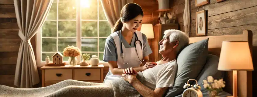 Palliativpflege zu Hause: Eine Krankenschwester kümmert sich sorgsam um einen älteren Patienten in seiner vertrauten Umgebung