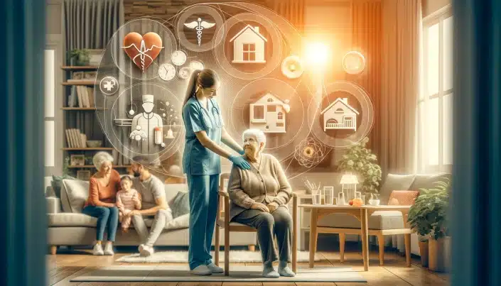 Einfühlsamer Pfleger hilft einer älteren Person in einem gemütlichen Wohnraum, mit Familienmitgliedern, die Unterstützung bieten, was die Langzeitpflege veranschaulicht