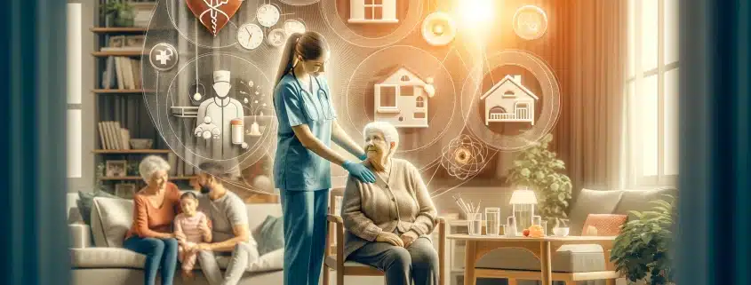 Einfühlsamer Pfleger hilft einer älteren Person in einem gemütlichen Wohnraum, mit Familienmitgliedern, die Unterstützung bieten, was die Langzeitpflege veranschaulicht