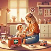Eine Babysitterin sitzt mit einem kleinen Kind auf einem Teppich in einem gemütlichen, kindersicheren Raum. Sie interagieren freundlich miteinander und im Hintergrund ist ein Erste-Hilfe-Kasten zu sehen.